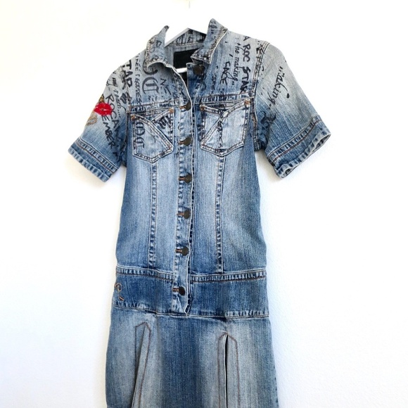 Vintage Y2K Rocawear Denim Jean Mini Dress Button Front Blue SZ M - Picture 2 of 6